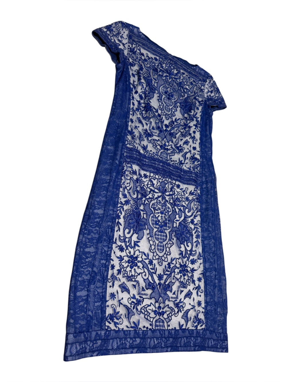 TADASHI SHOJI Runway Blue and White Lace Short Sleeve Cocktail Dress Size 8 - Picture 4 of 8